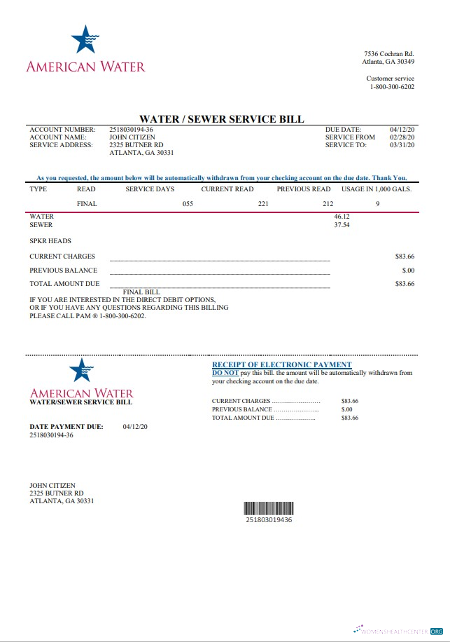 download download USA Georgia American Water utility bill template in Word and PDF format PDF template PDF template